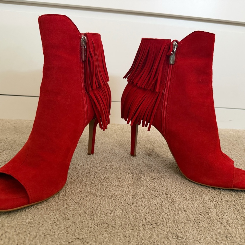 Vince Camuto Red Fringe Peep-Toe Heeled Boots